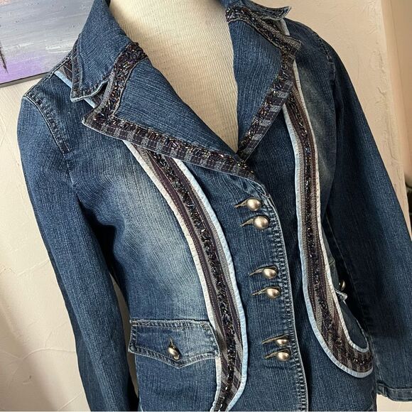 Vintage Italian designer Paola Santini denim jean jacket beaded detail size 6 - Picture 3 of 10